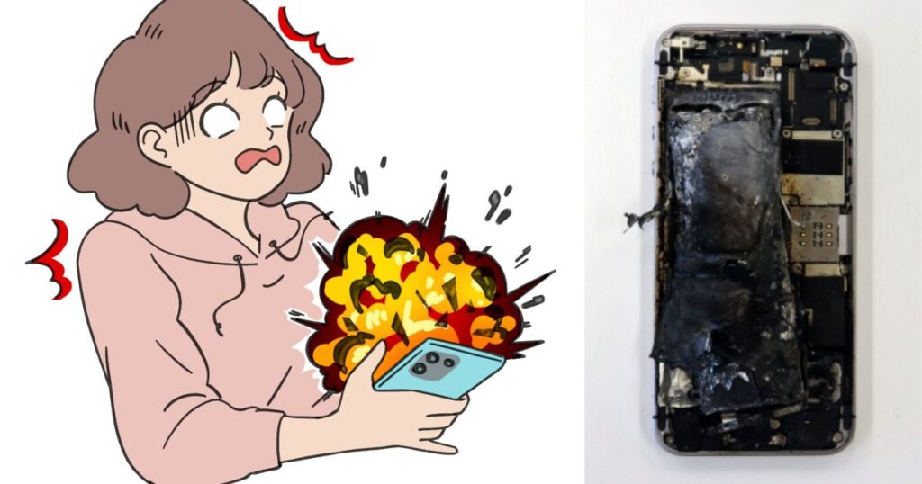 スマホ爆発の瞬間と実際に爆発した後のiPhone