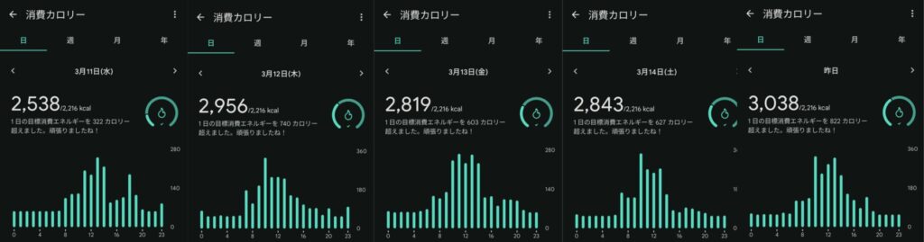 Fitbit Inspire 3で計測した消費カロリー5日分
