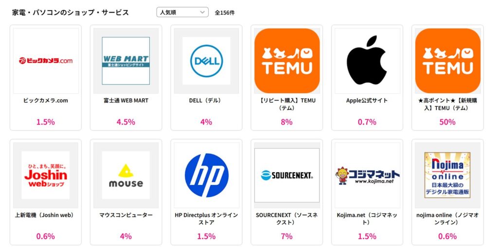 ハピタスのショッピングカテゴリーにあるポイント対象の通販サイト
